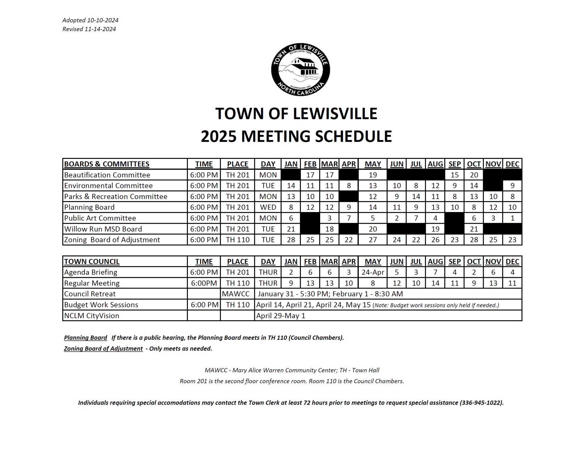 2025 Town of Lewisville Meeting Schedule