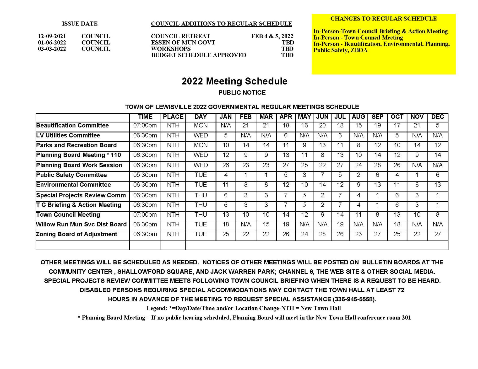 2022 Meetings Schedule