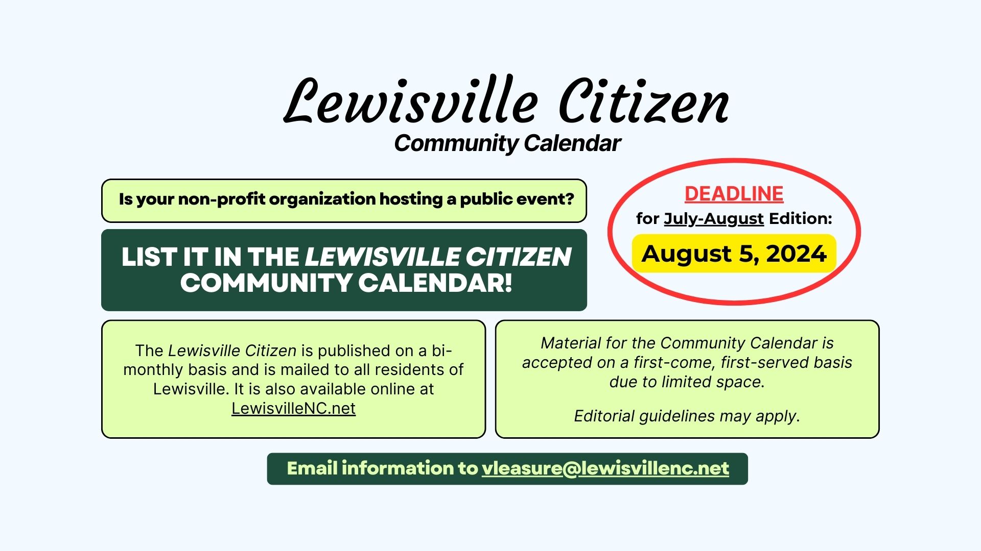 Lewisville Citizen Community Calendar deadline August 5, 2024
