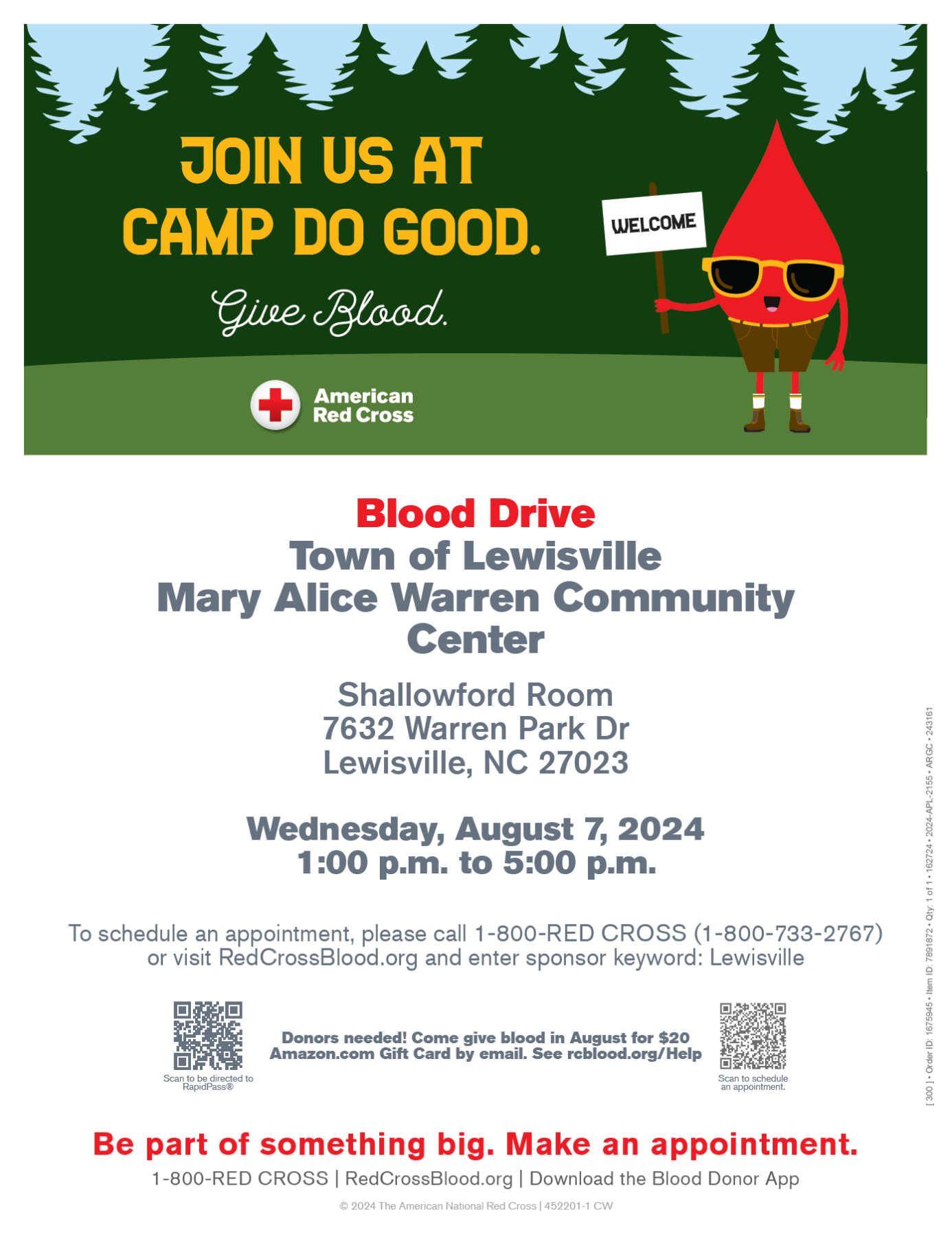 Join us at Camp Do Good. Give Blood at the upcoming Lewisville Blood Drive on August 7