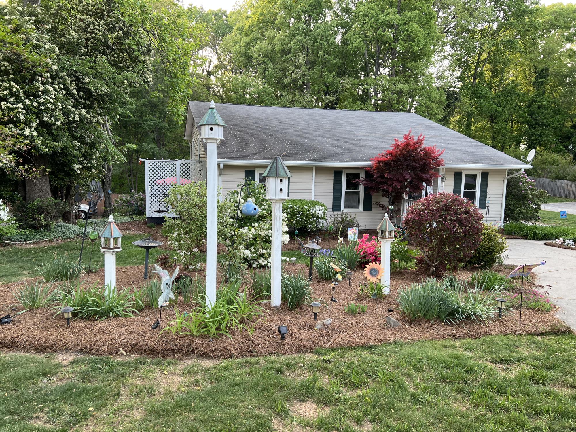 A quaint white home with a a beautiful lawn, full of birdhouses and bushes sits tucked in a lush wooded area.