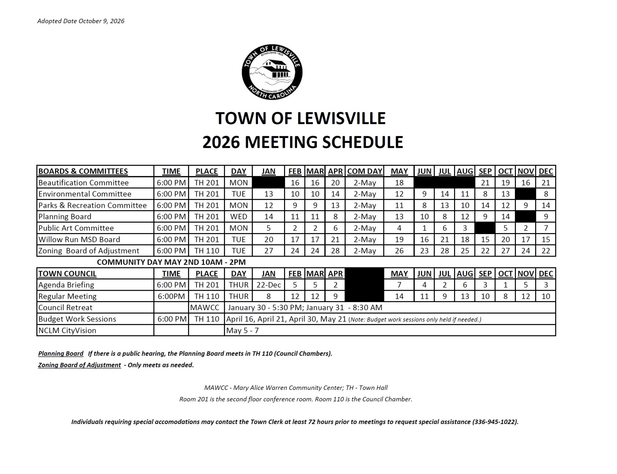 2026 Meeting Schedule