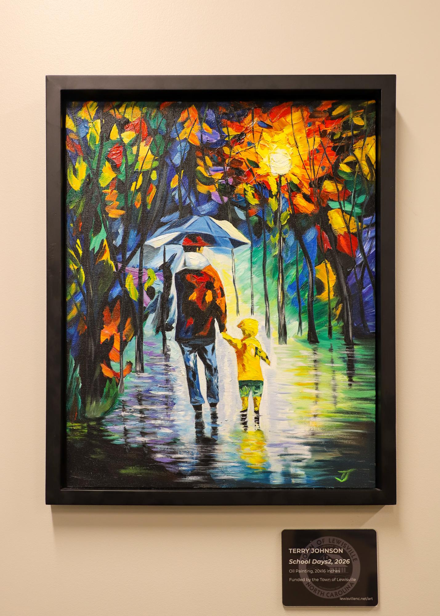Colorful painting of a child and father figure walking through a tree-lined path