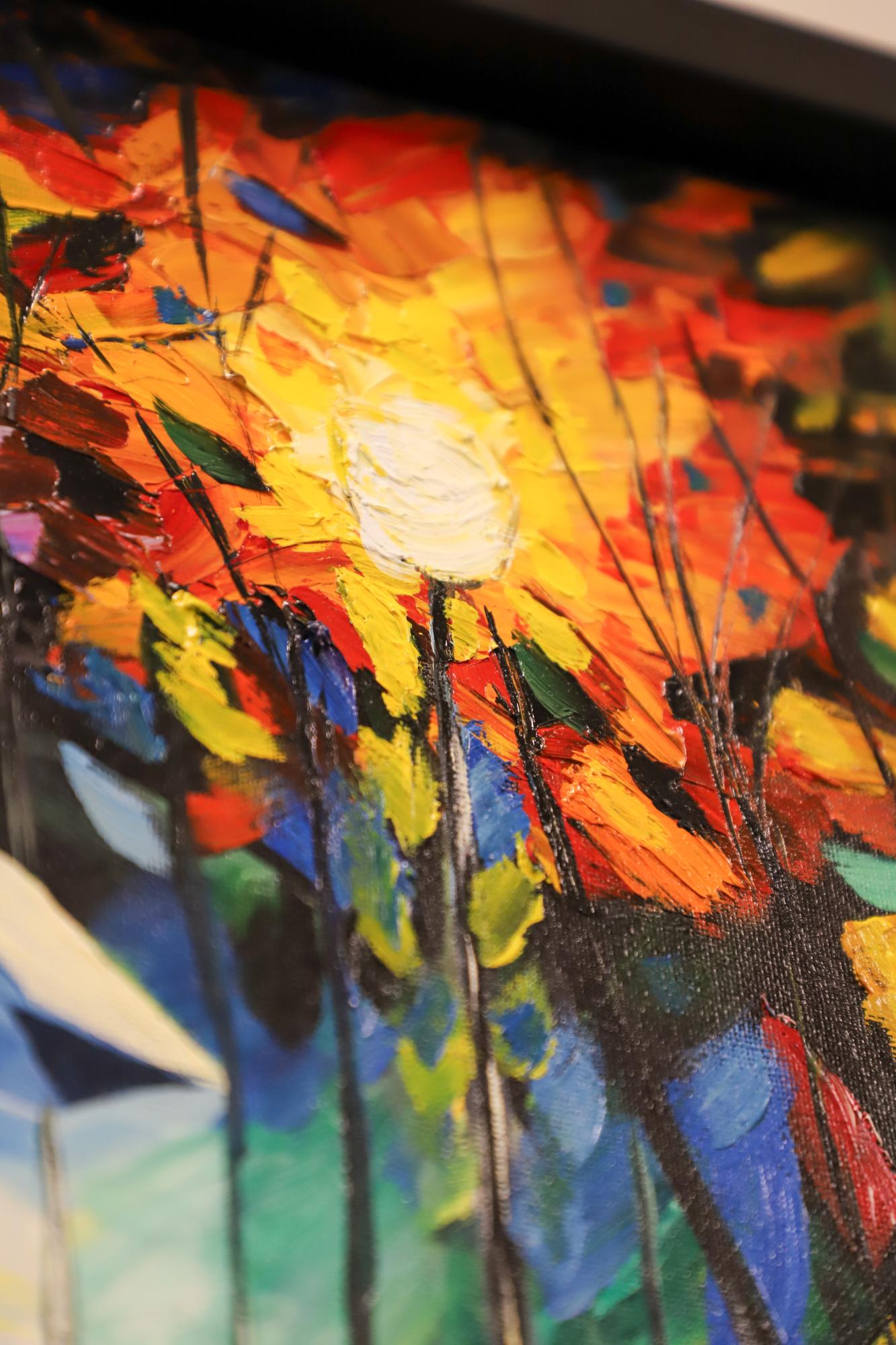 Colorful painting detail of the sun shining through fall leaves