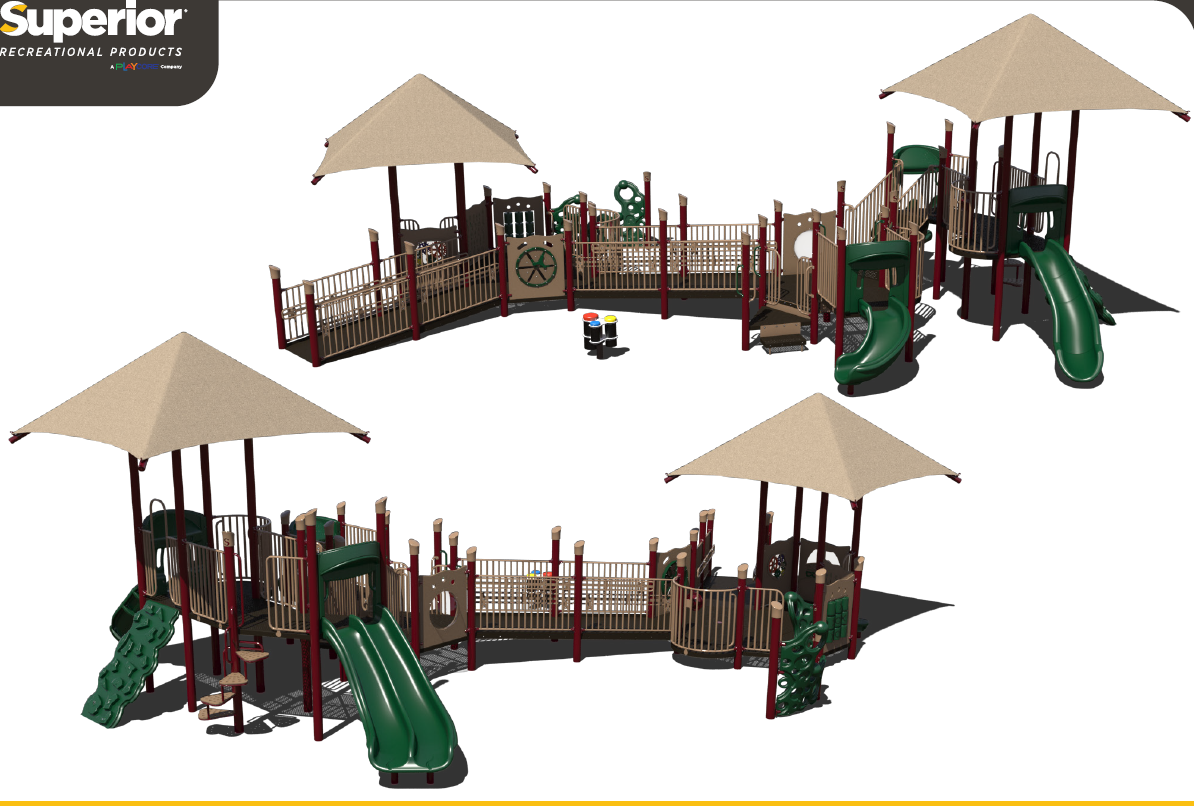 The front and back rendering of the Shallowford Square playground feature green slides and two beige canopies.