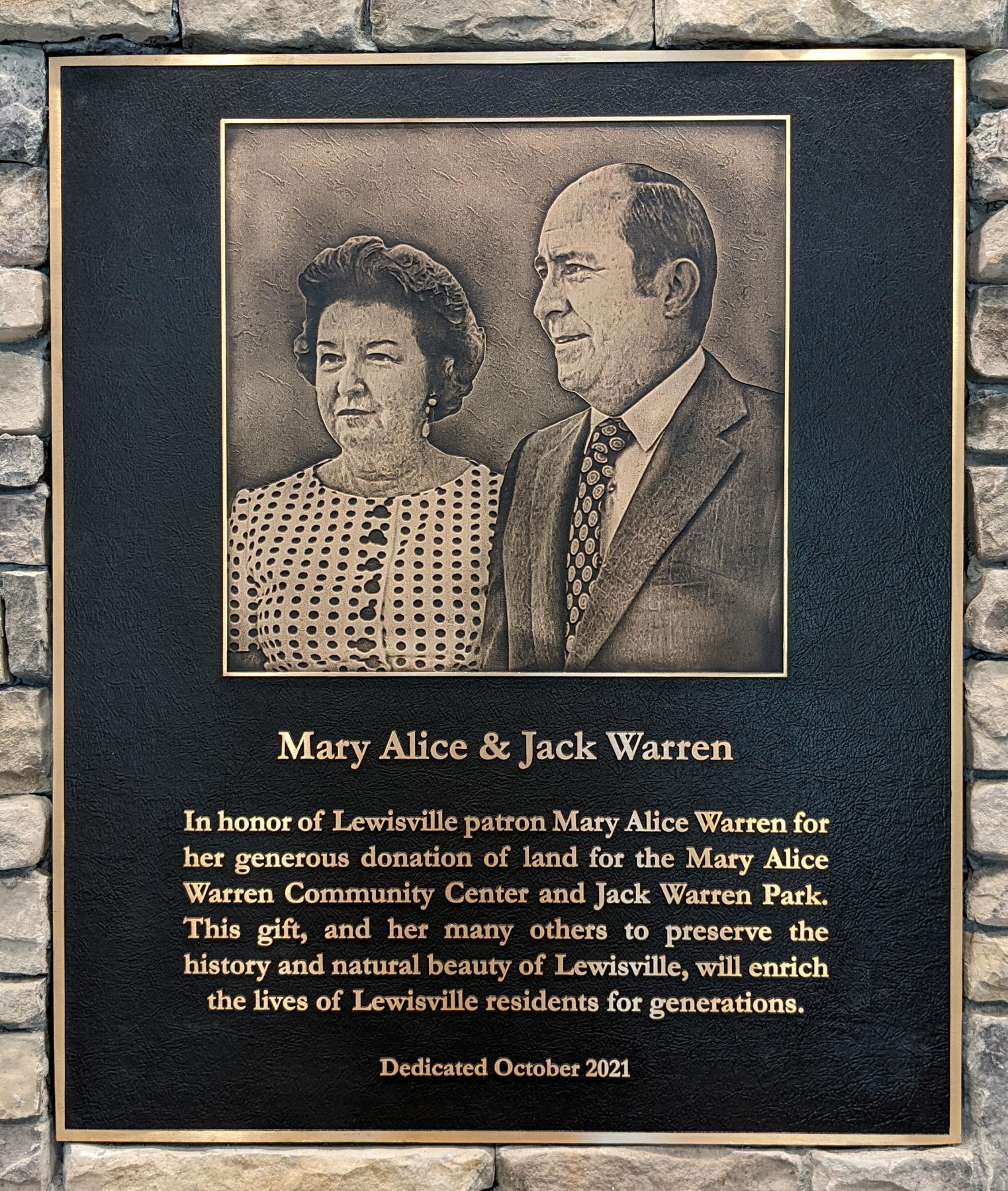 Mary Alice and Jack Warren Plaque