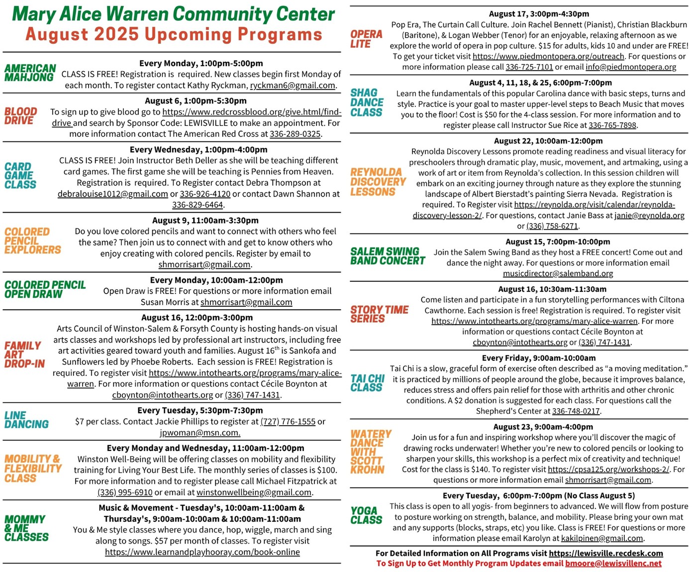 August 2025 Classes & Programs