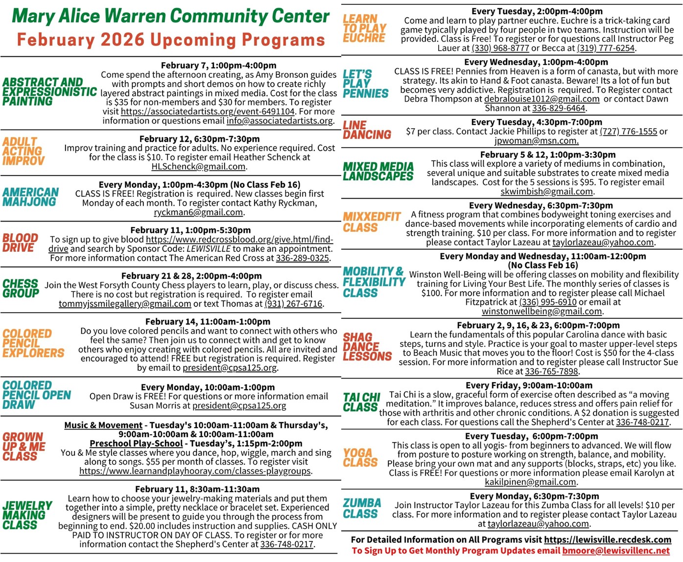 February 2026 Programs & Classes