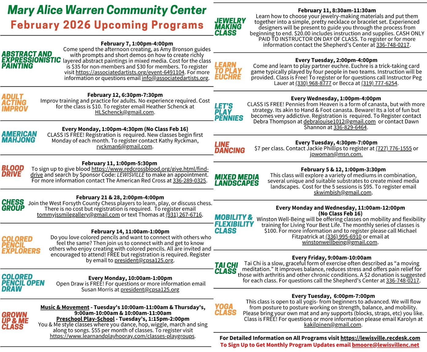 February 2026 Programs & Classes