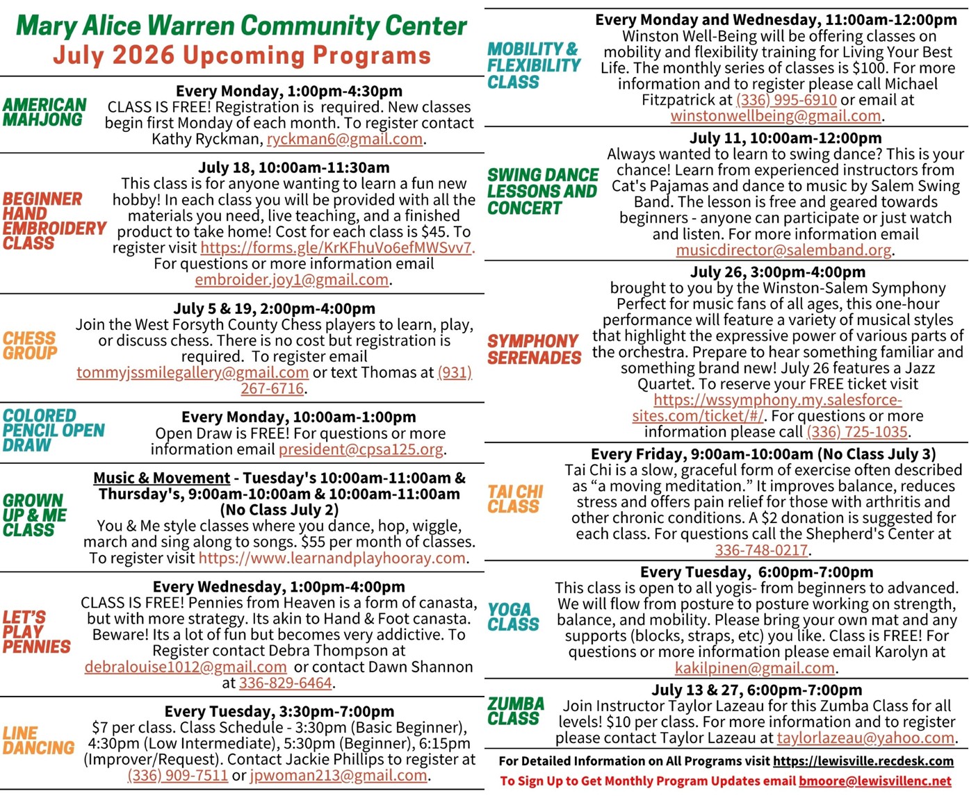 July 2026 Classes & Programs