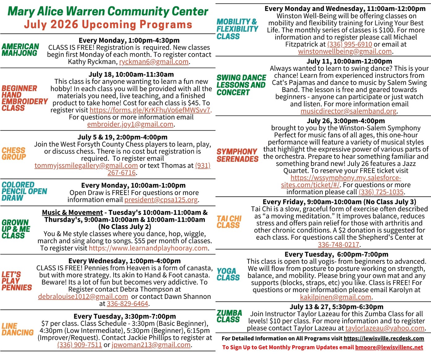 July 2026 Classes & Programs