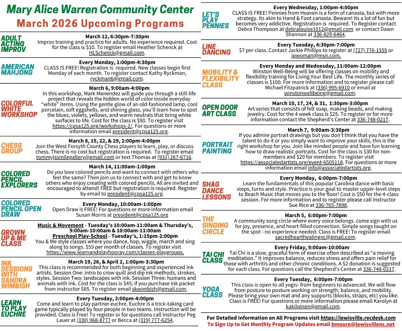 March 2026 Programs and Classes