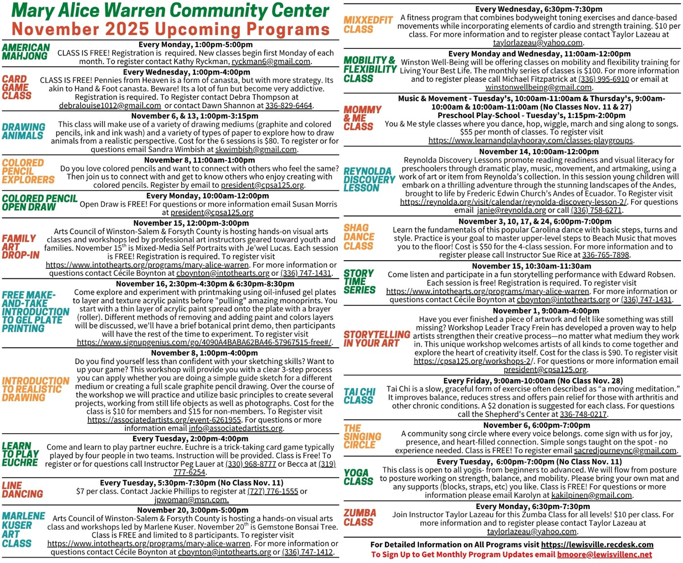 November 2025 Programs & Classes