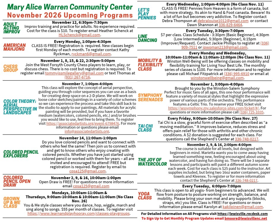 November 2026 Programs and Classes