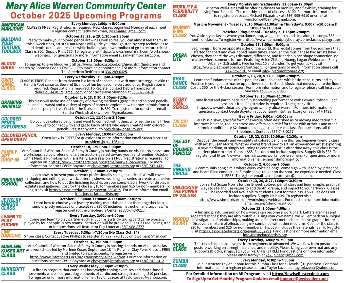 October 2025 Programs and Classes
