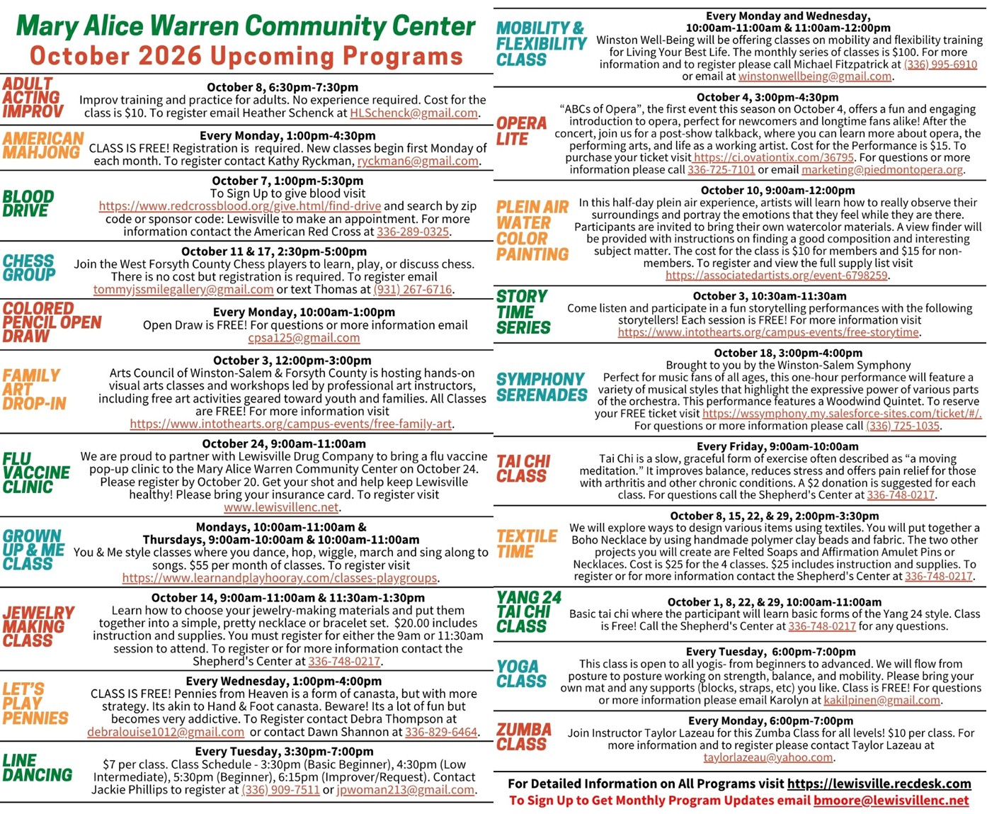 October 2026 Programs and Classes