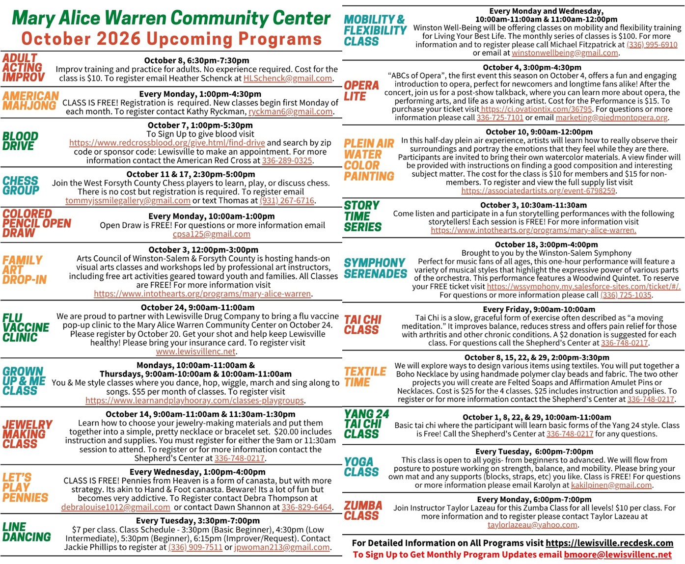 October 2026 programs and classes