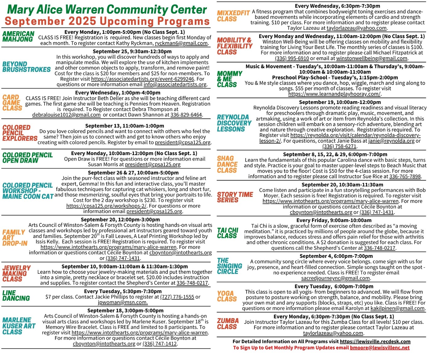 September 2025 Programs and Classes