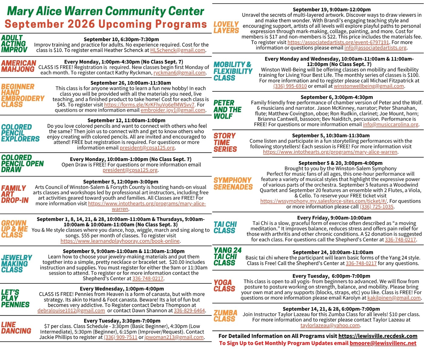 September 2026 programs and classes